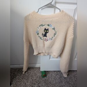 Cream Cat Embroidered Sweater